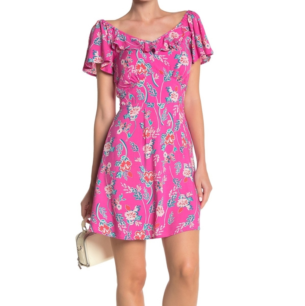 NWOT Row A Flutter V Neck Pink Floral Mini Dress